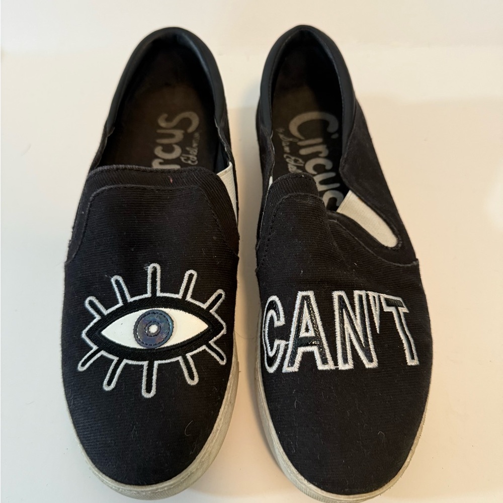 Black Slip-On Shoes with Fun Embroidery
